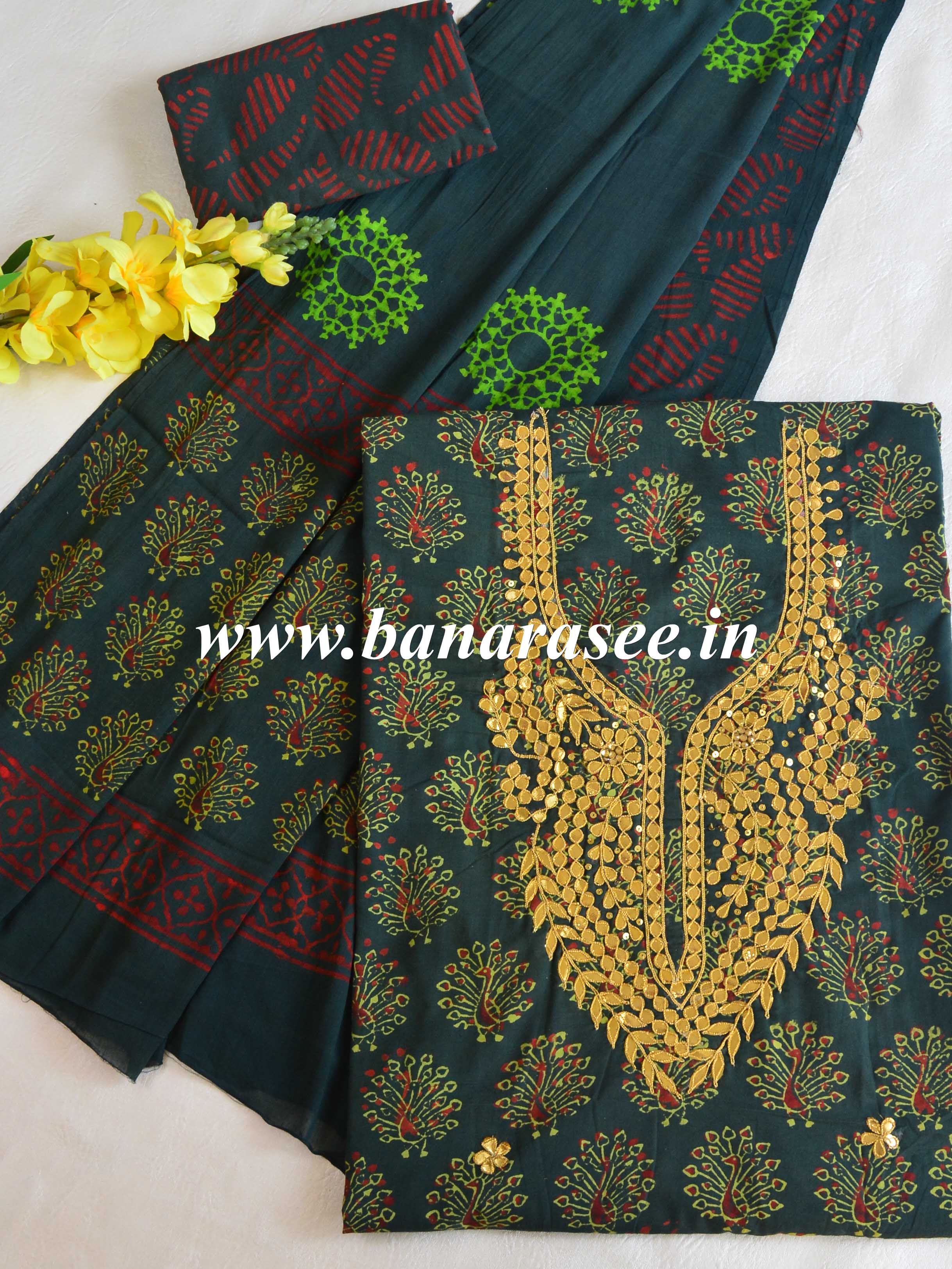 Pure Handloom Mul Cotton Bagru Block Print Gotapatti Suit Set-Green