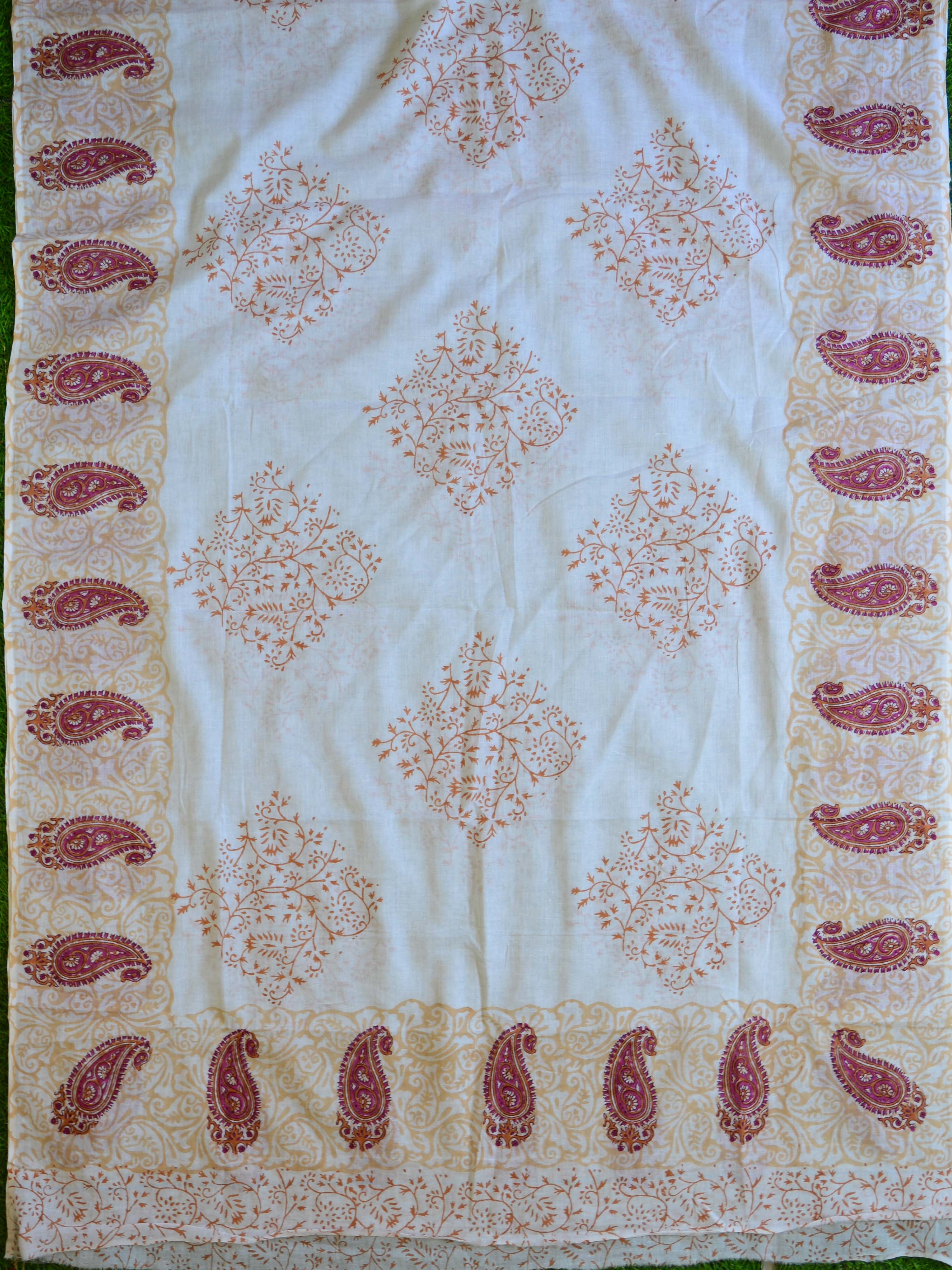 Handloom Mul Cotton Handblock Printed Suit Set-White
