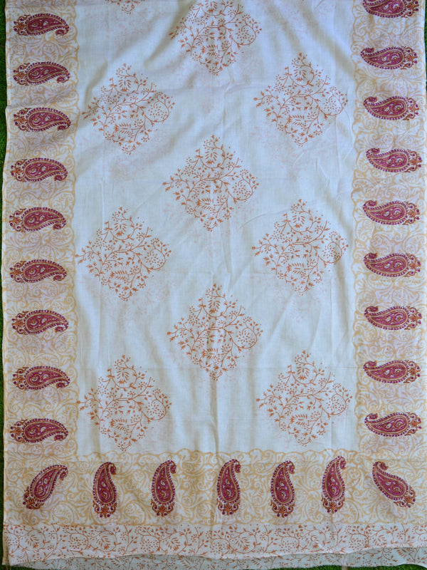 Handloom Mul Cotton Handblock Printed Suit Set-White