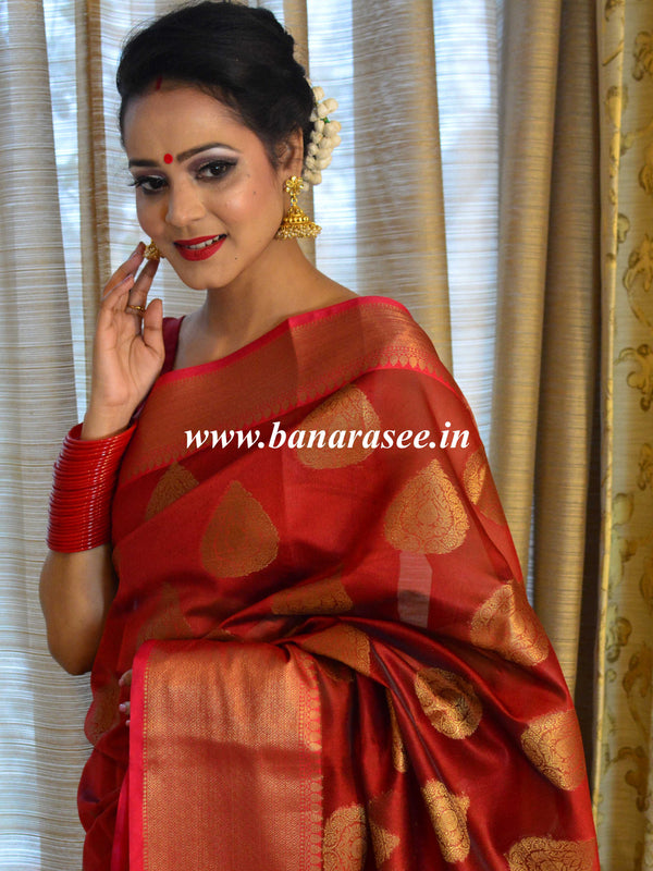 Banarasee Cotton Silk Mix Saree With Antique Zari Buta Design-Maroon