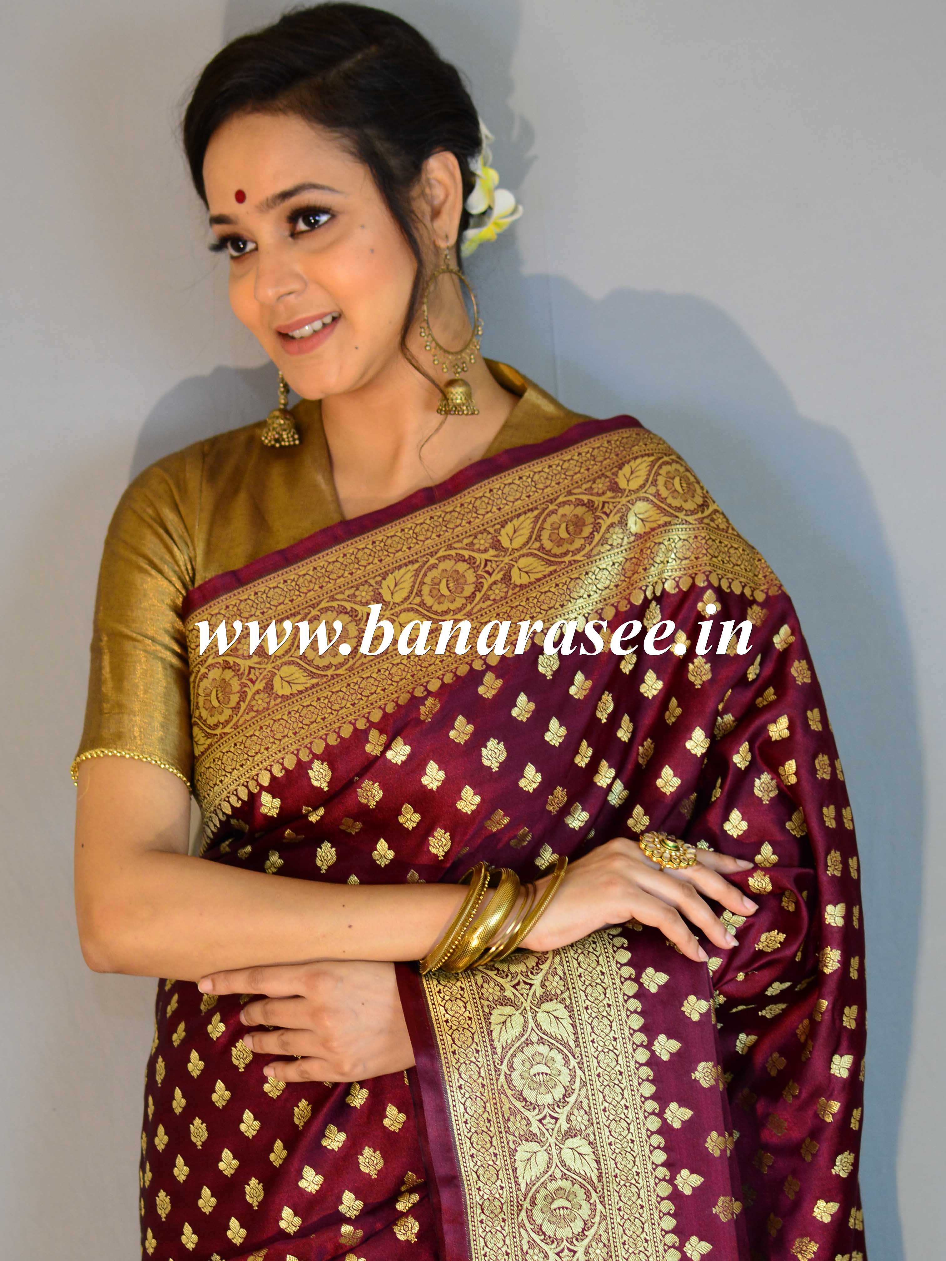 Banarasee Handwoven Art Silk Heavy Zari Buti Design Weaving Saree-Maroon