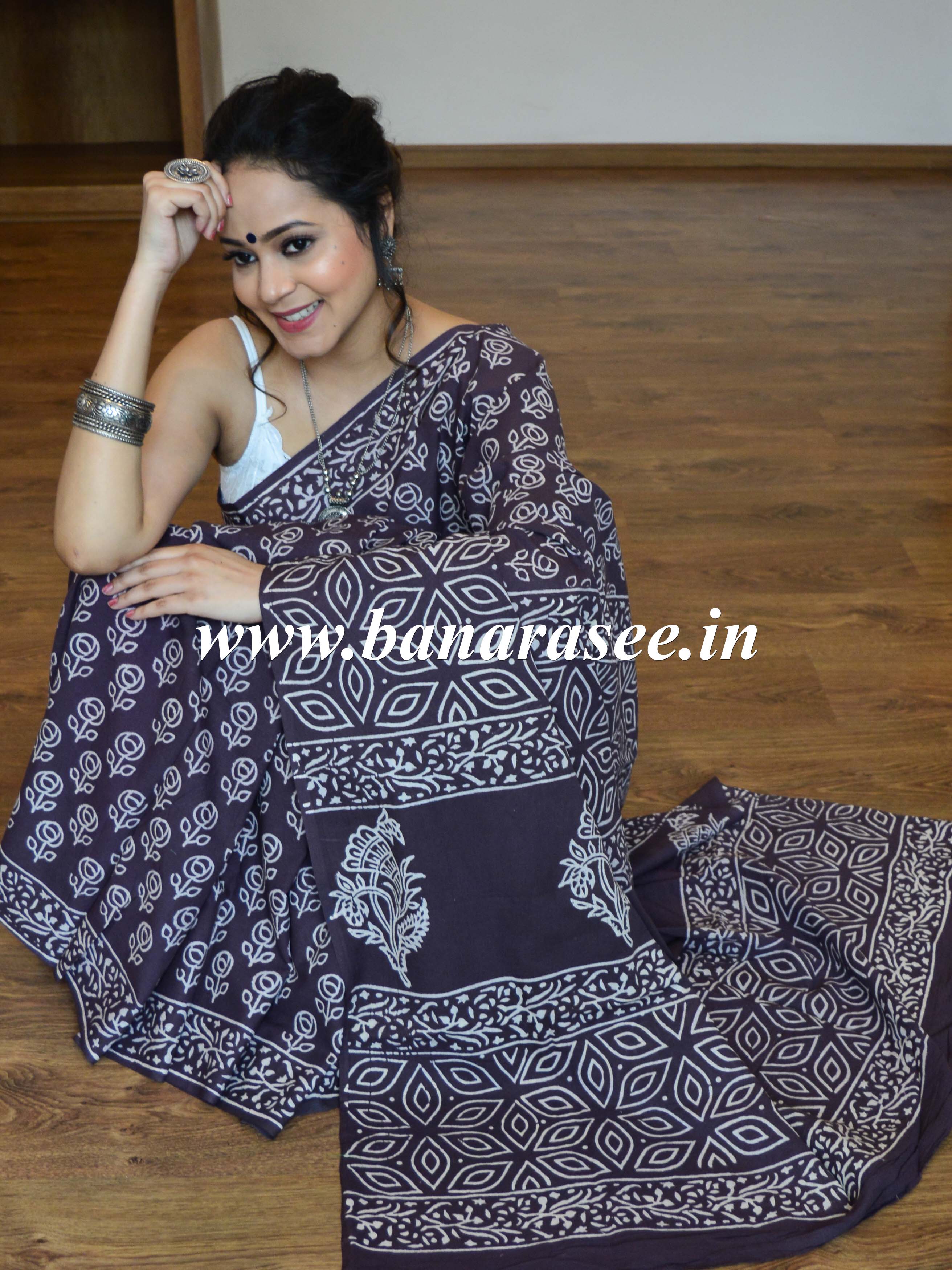 Handloom Mul Cotton Handblock Print Saree-Violet