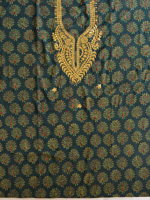 Pure Handloom Mul Cotton Bagru Block Print Gotapatti Suit Set-Green