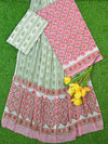 Pure Handloom Mul Cotton Sanganeri Print Block Printed Suit Set-Pink & Green