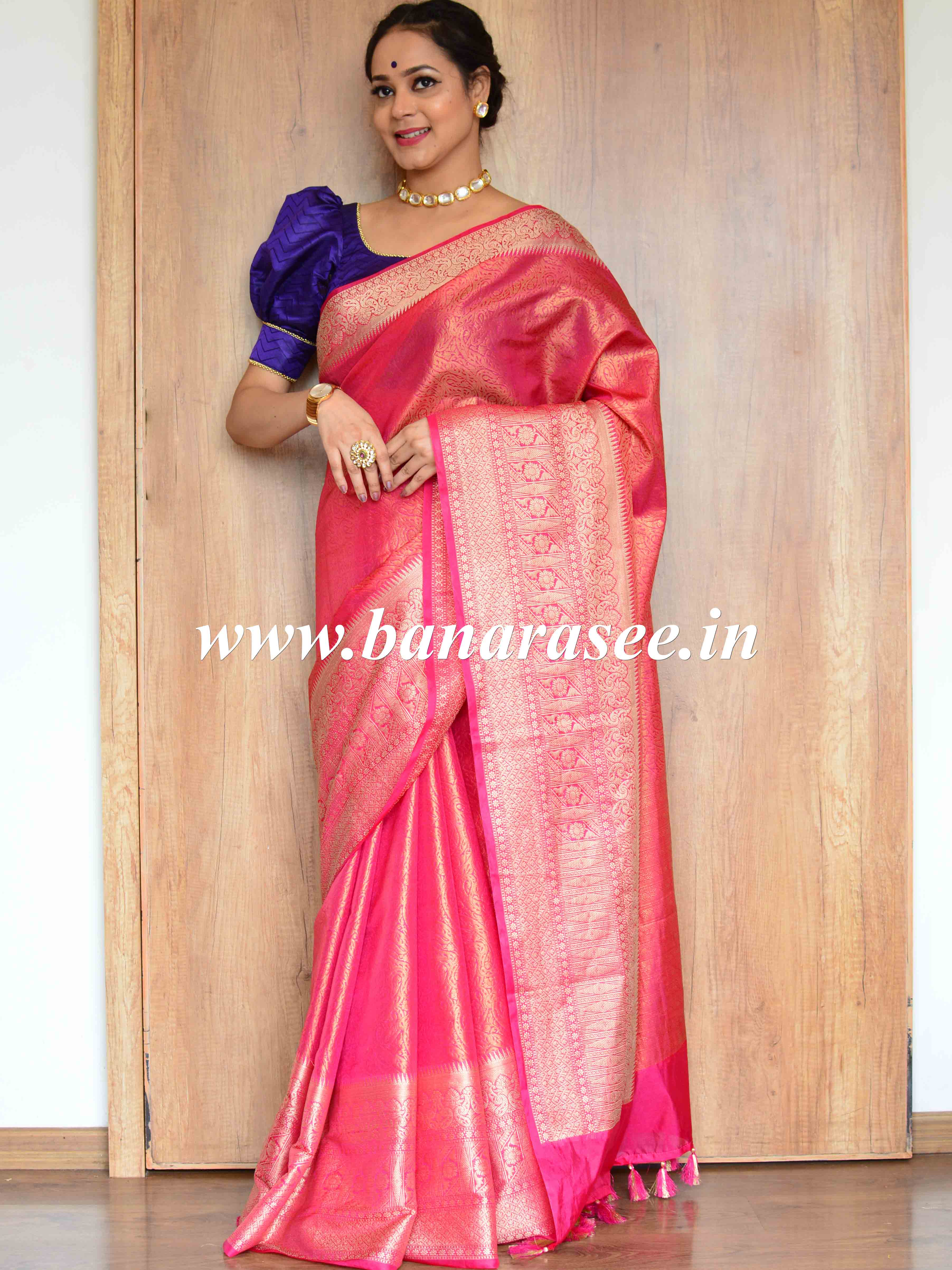 Banarasee Art Silk Saree With Zari Floral Border & Self Weaving Work-Pink