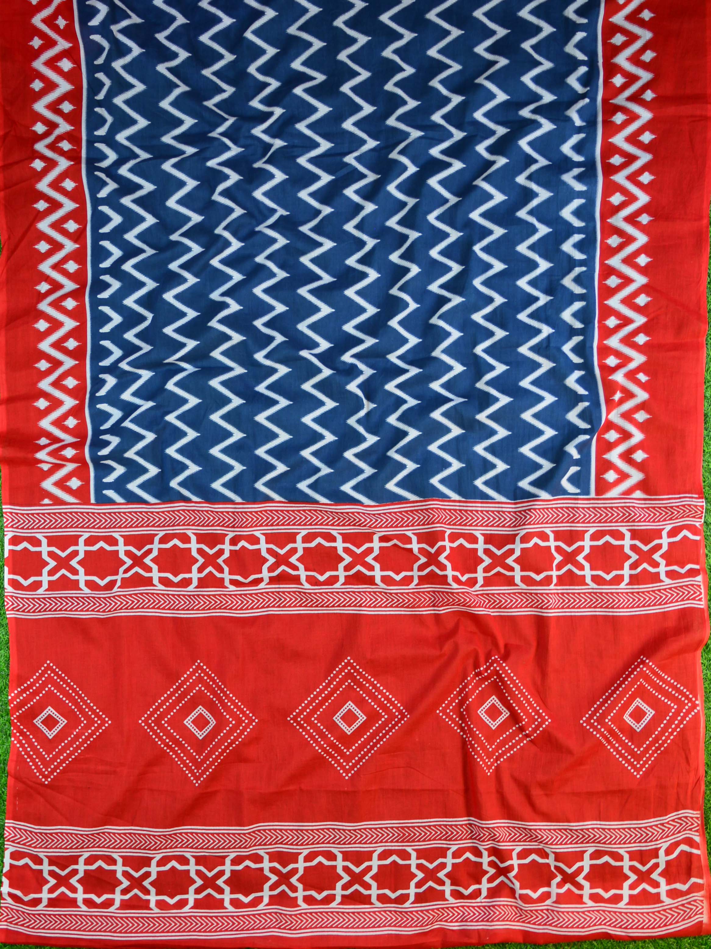 Handloom Mul Cotton Hand Print Saree-Blue & Red
