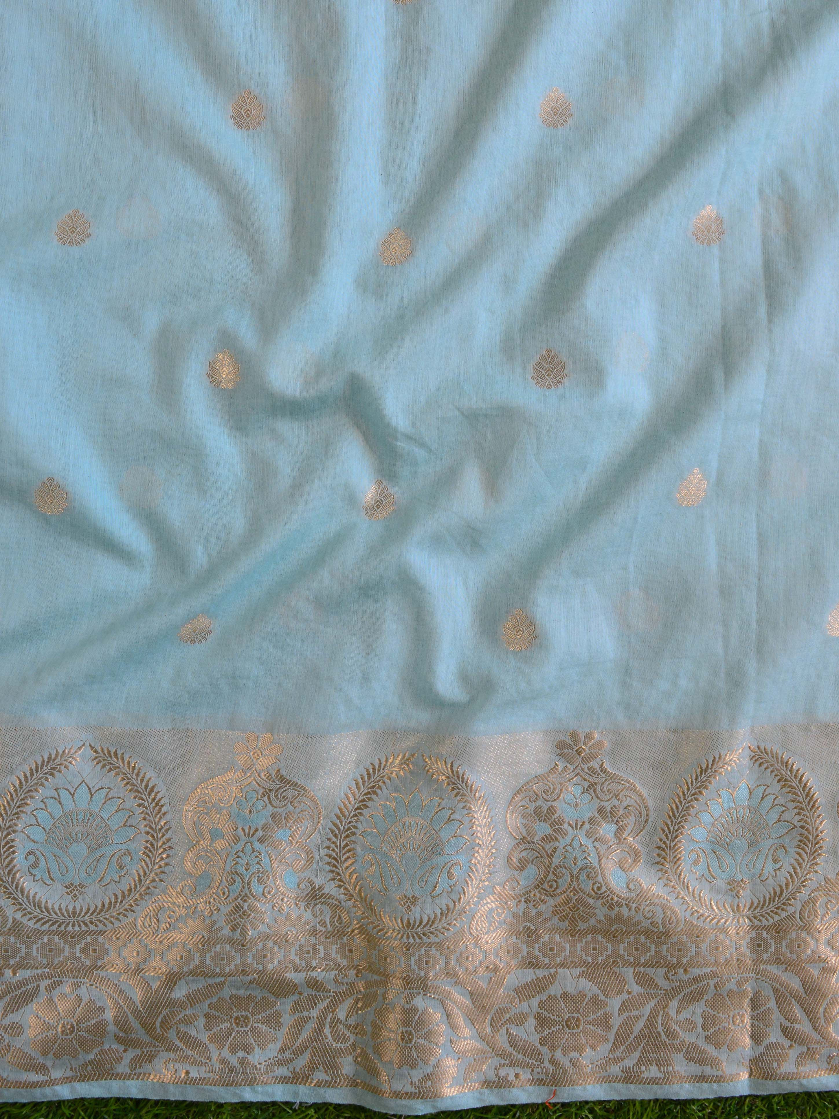 Banarasee Chanderi Cotton Salwar Kameez Zari Buti Fabric With Digital Print Dupatta-Blue