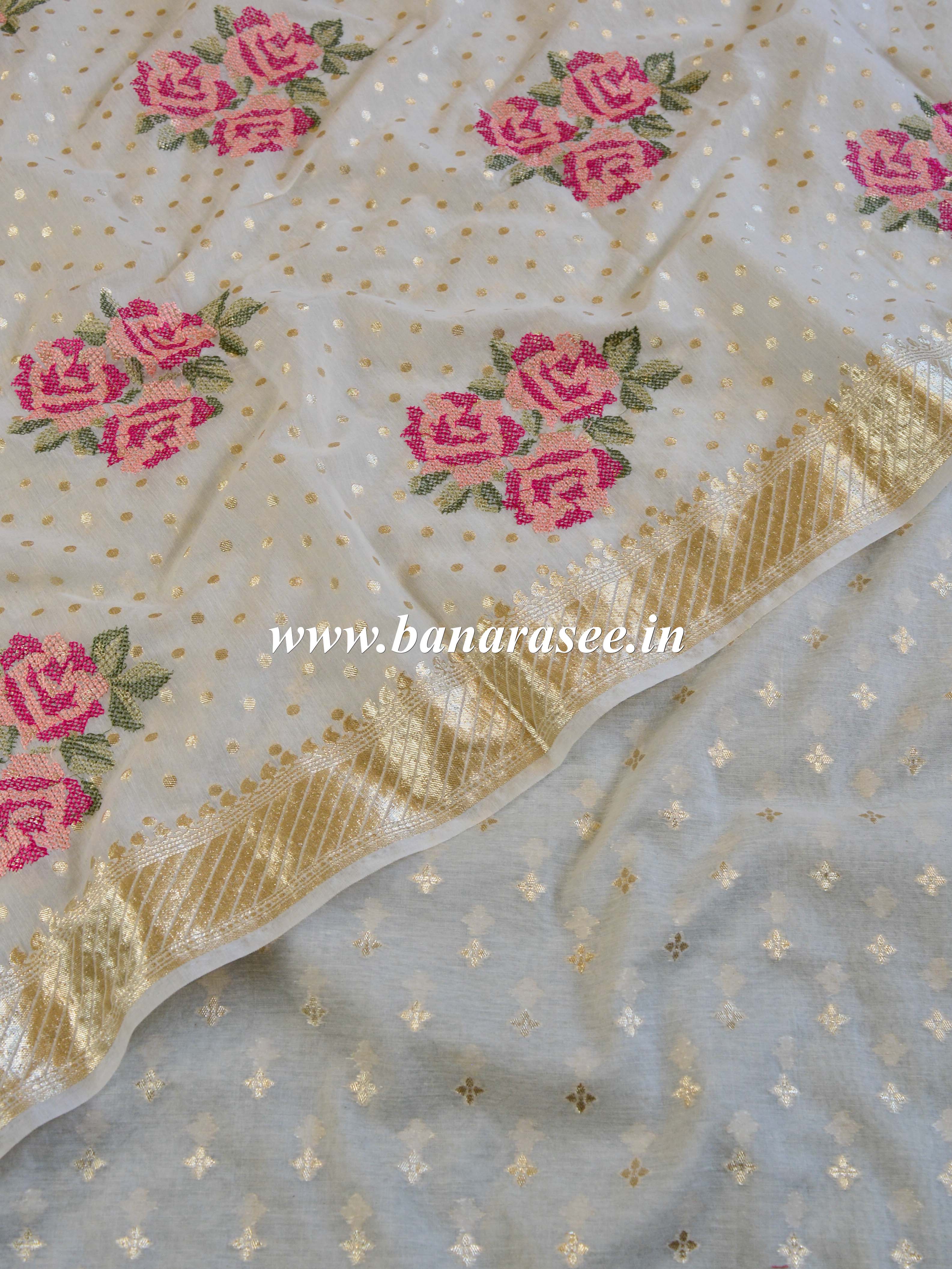 Banarasee Handloom Chanderi Cotton Zari Work Salwar Kameez With Embroidered Dupatta Set-White