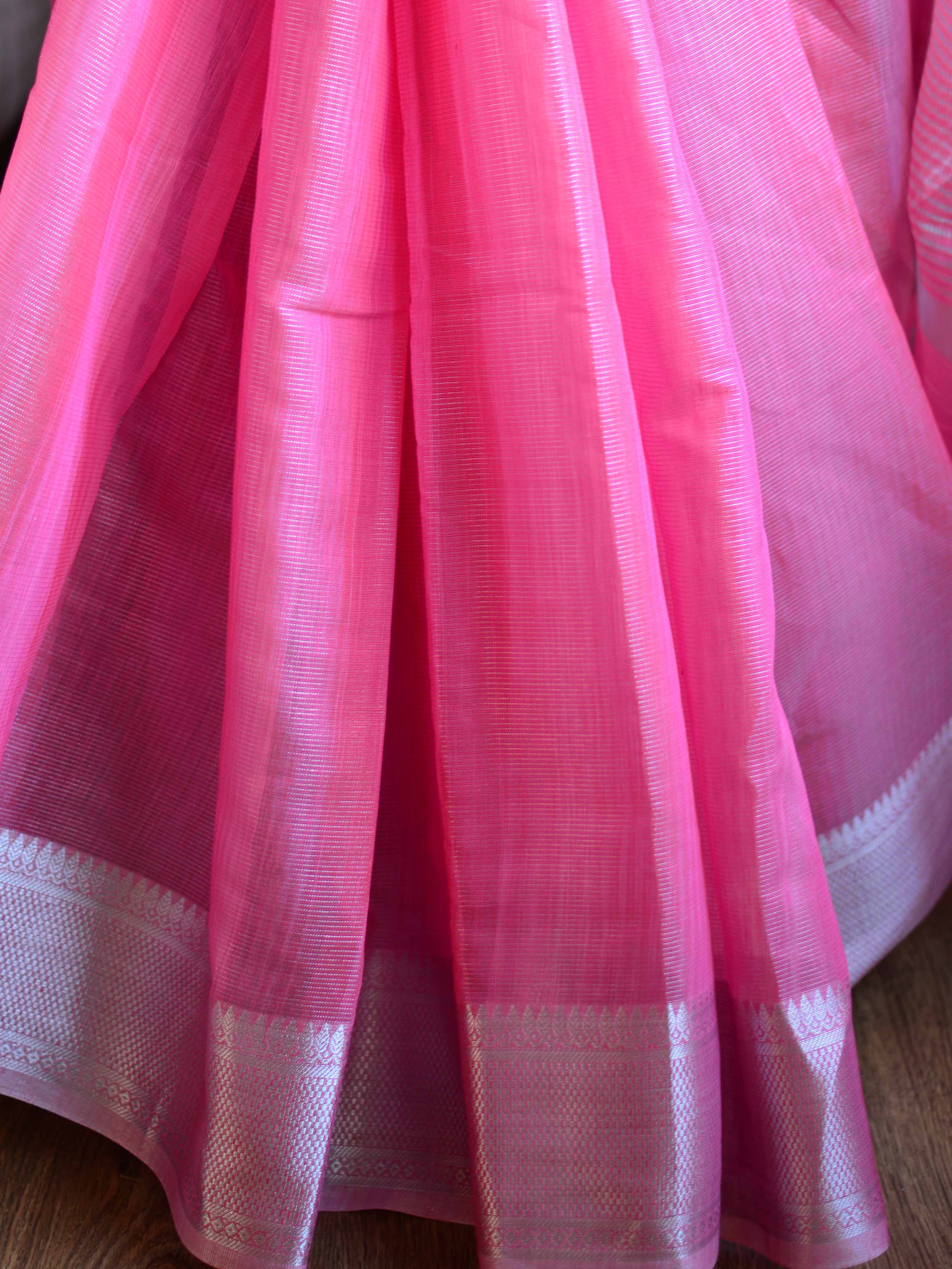 Banarasee Handwoven Shaded Tissue Saree With Silver Zari Border-Pink