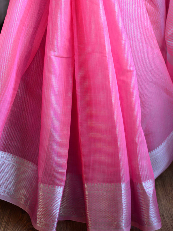 Banarasee Handwoven Shaded Tissue Saree With Silver Zari Border-Pink