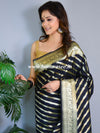 Banarasee Faux Georgette Saree With Zari Stripes Design & Floral Border-Black