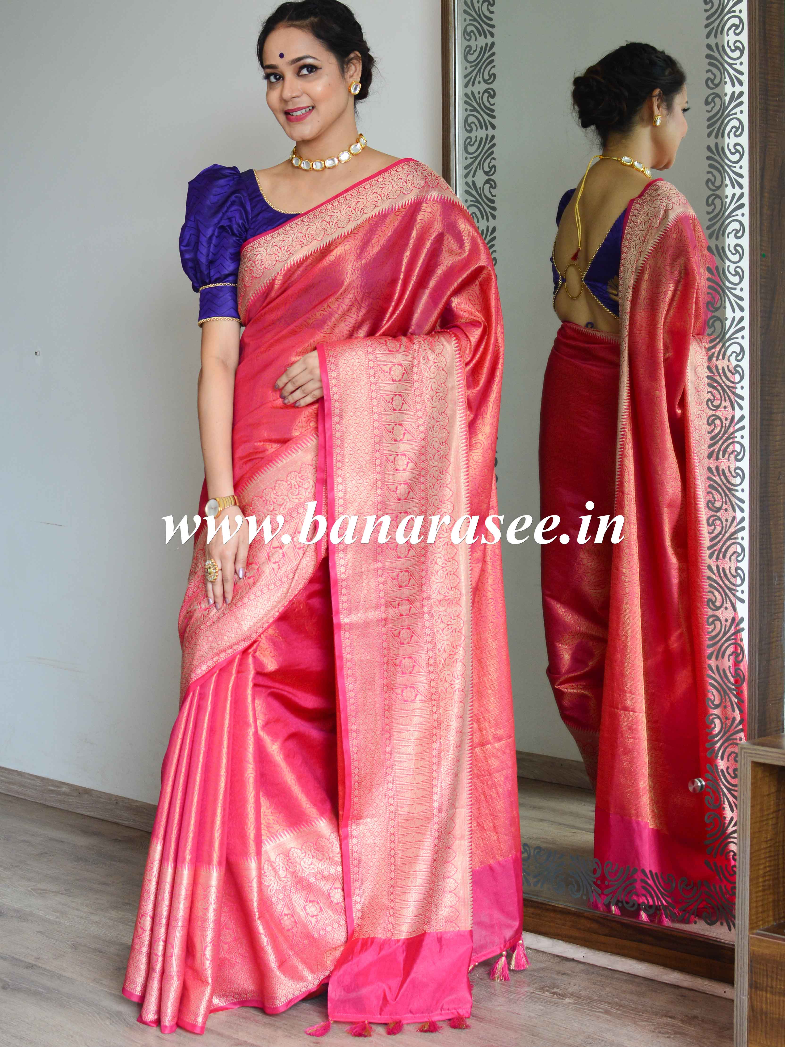 Banarasee Art Silk Saree With Zari Floral Border & Self Weaving Work-Pink