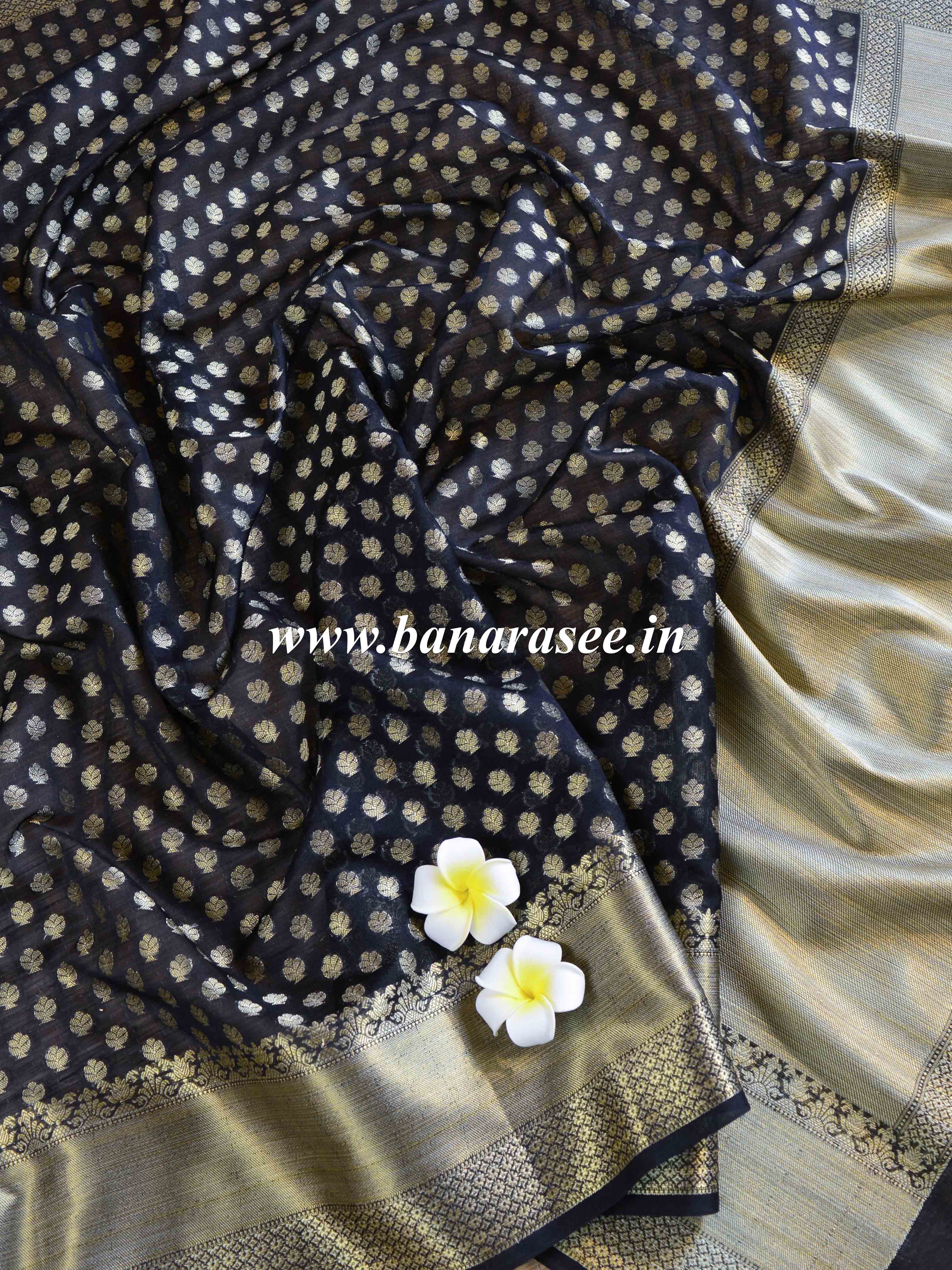 Banarasee Cotton Silk  Saree With Zari Buti & Border-Black