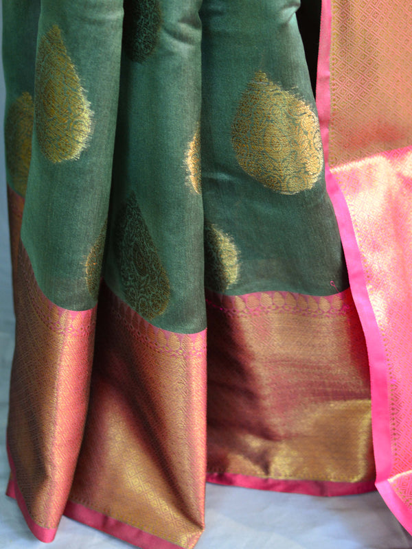 Banarasee Cotton Silk Mix Saree With Antique Zari Buta Design-Green