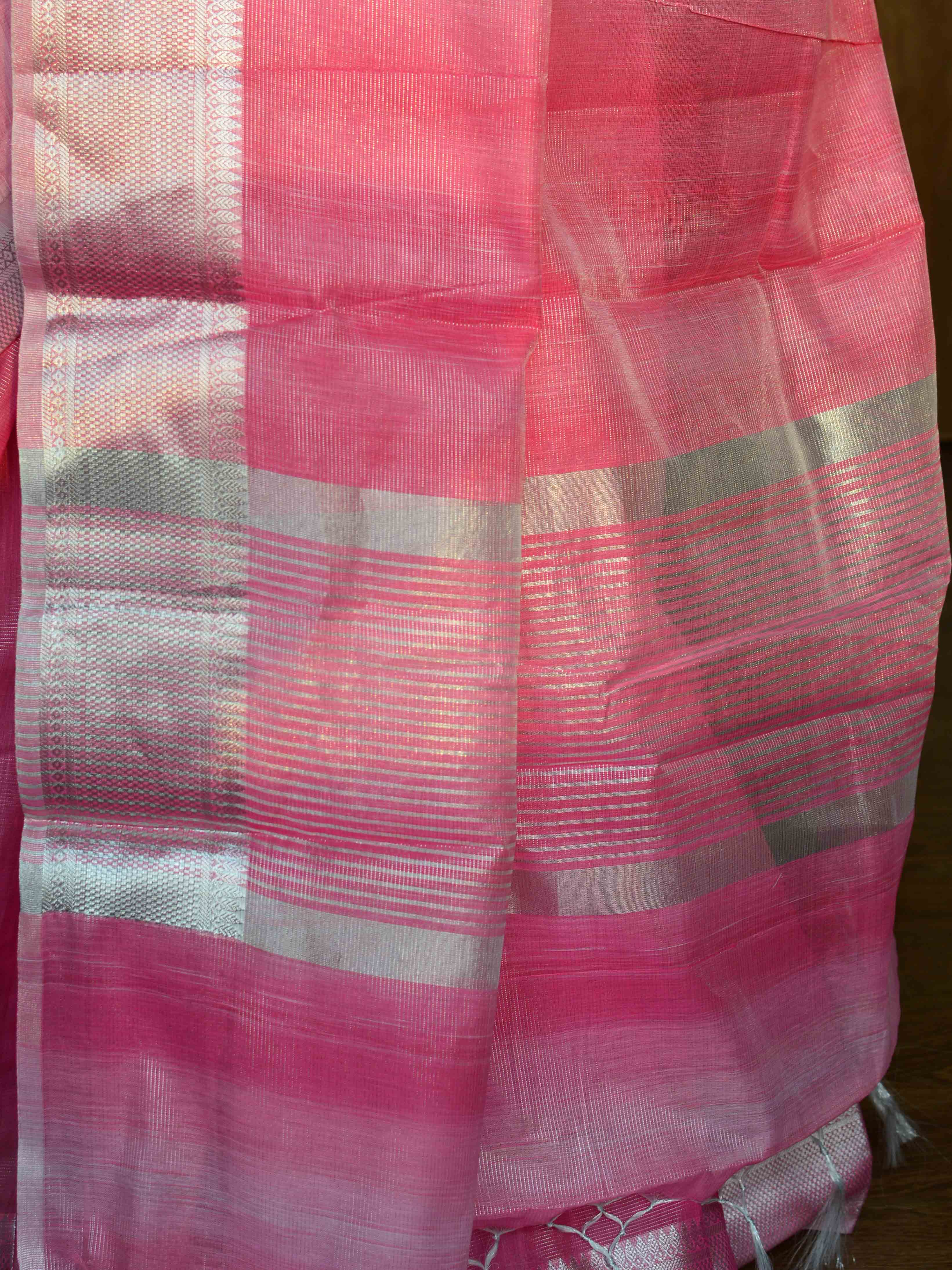 Banarasee Handwoven Shaded Tissue Saree With Silver Zari Border-Pink