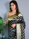 Banarasee Faux Georgette Saree With Zari Stripes Design & Floral Border-Black