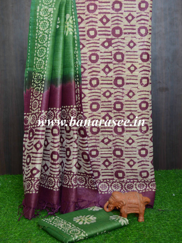 Handloom Khadi Cotton Hand-Dyed Batik Pattern Salwar Kameez Dupatta Set-Green & Purple