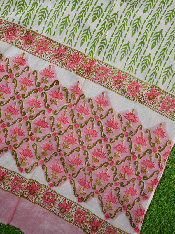 Pure Handloom Mul Cotton Sanganeri Print Block Printed Suit Set-Pink & Green