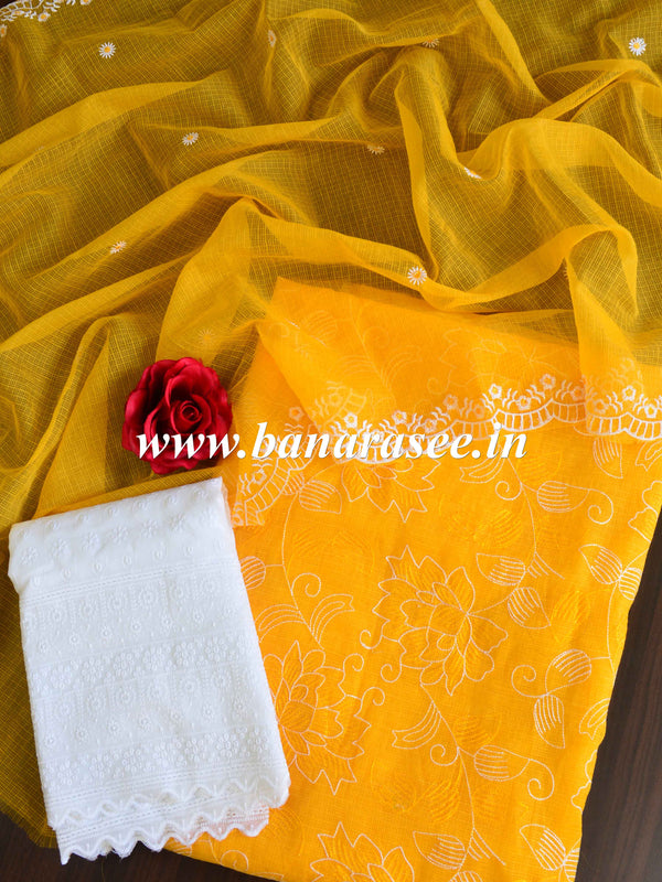 Banarase Kota Doria Heavy Hand-Embroidered Salwar Kameez Dupatta Set-Yellow