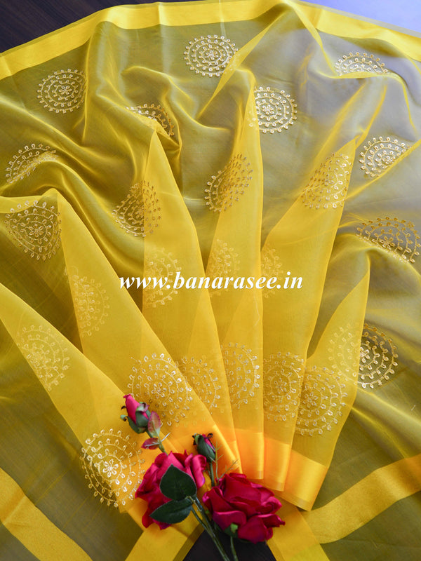Banarasee Embroidered Gold Buta Design Organza Dupatta-Yellow