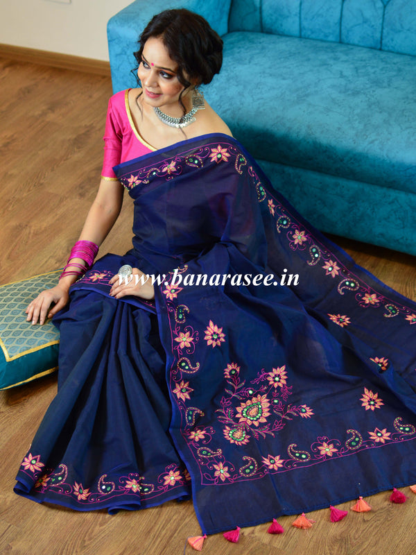 Banarasee Chanderi Cotton Hand-Embroidered Saree-Deep Blue