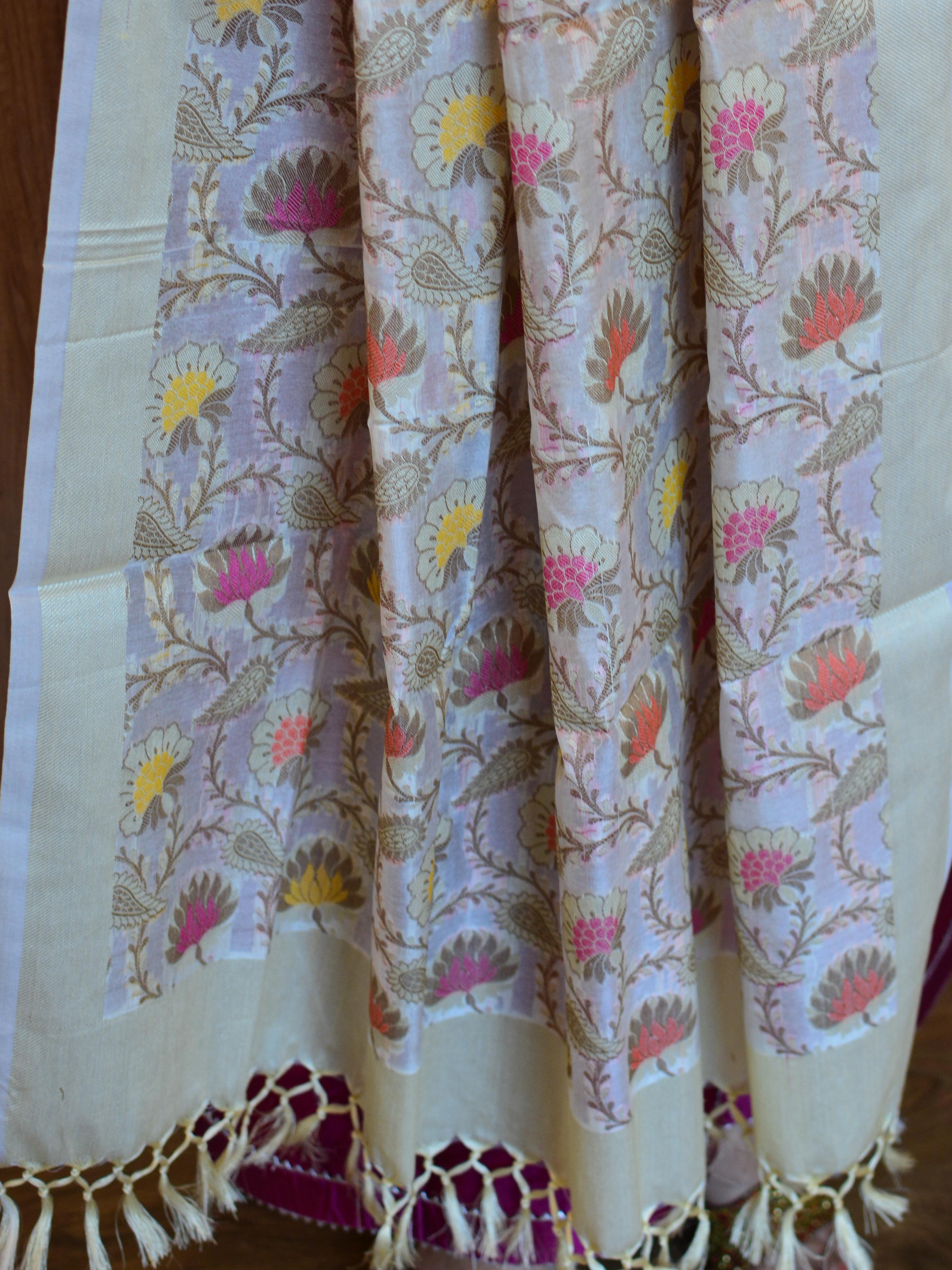 Banarasee Cotton Silk Multicolor Resham Work Dupatta-White
