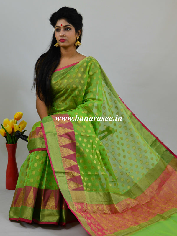 Banarasee Chanderi Cotton Temple Border Saree- Green