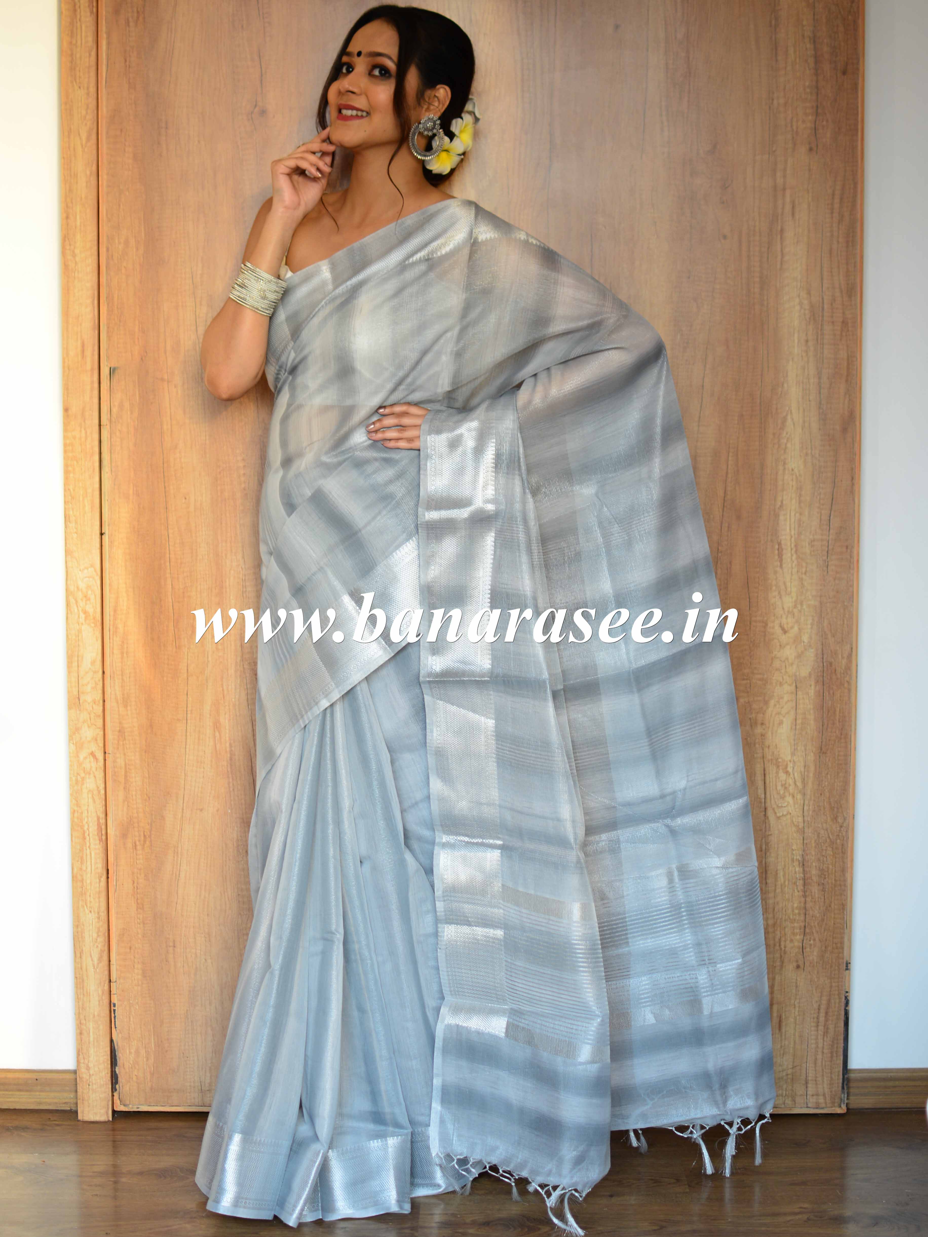 Banarasee Handwoven Shaded Tissue Saree With Silver Zari Border-Grey