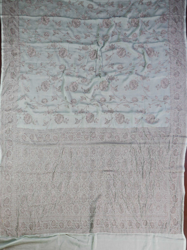 Banarasee Pure Khaddi Chiffon Silk Sari With Buta Design-Sea Green