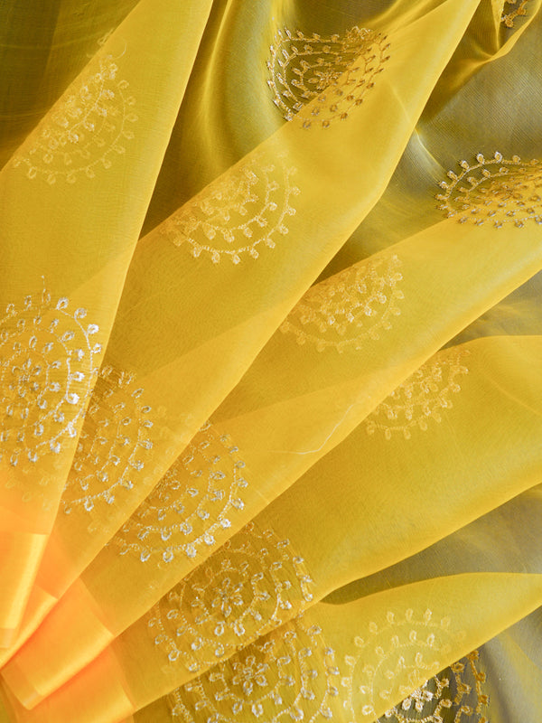 Banarasee Embroidered Gold Buta Design Organza Dupatta-Yellow