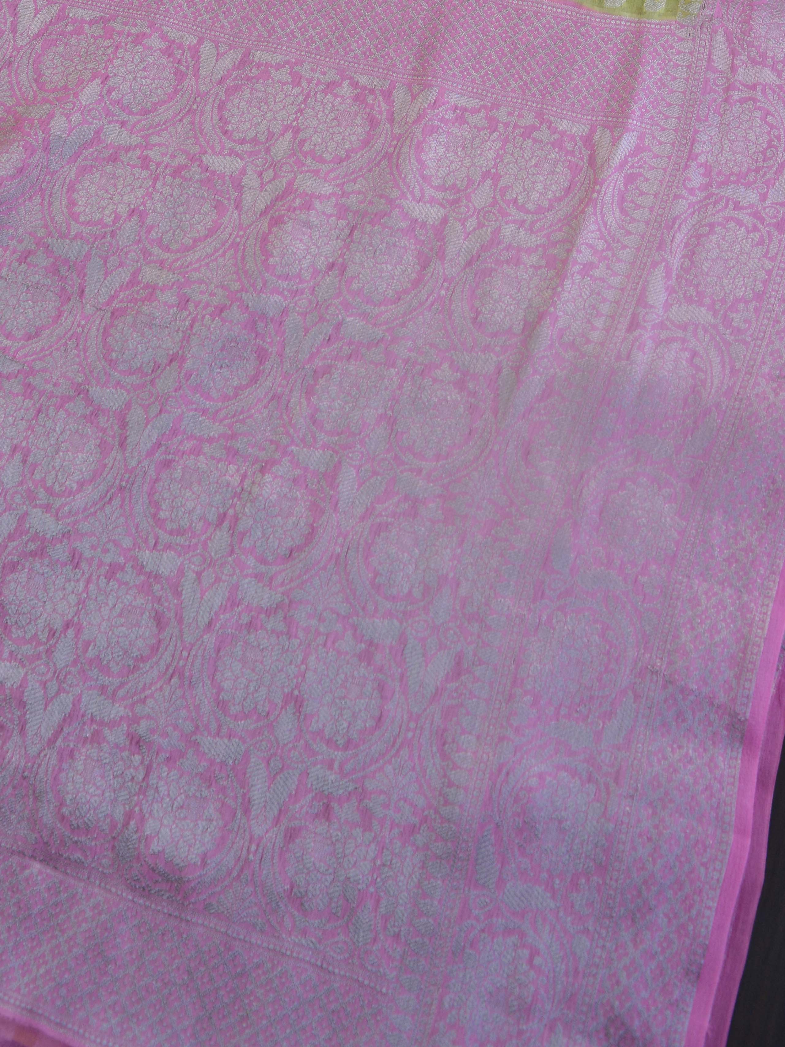 Banarasee Pure Chiffon Saree With Silver Zari Asharfi Buta & Border-Yellow & Pink