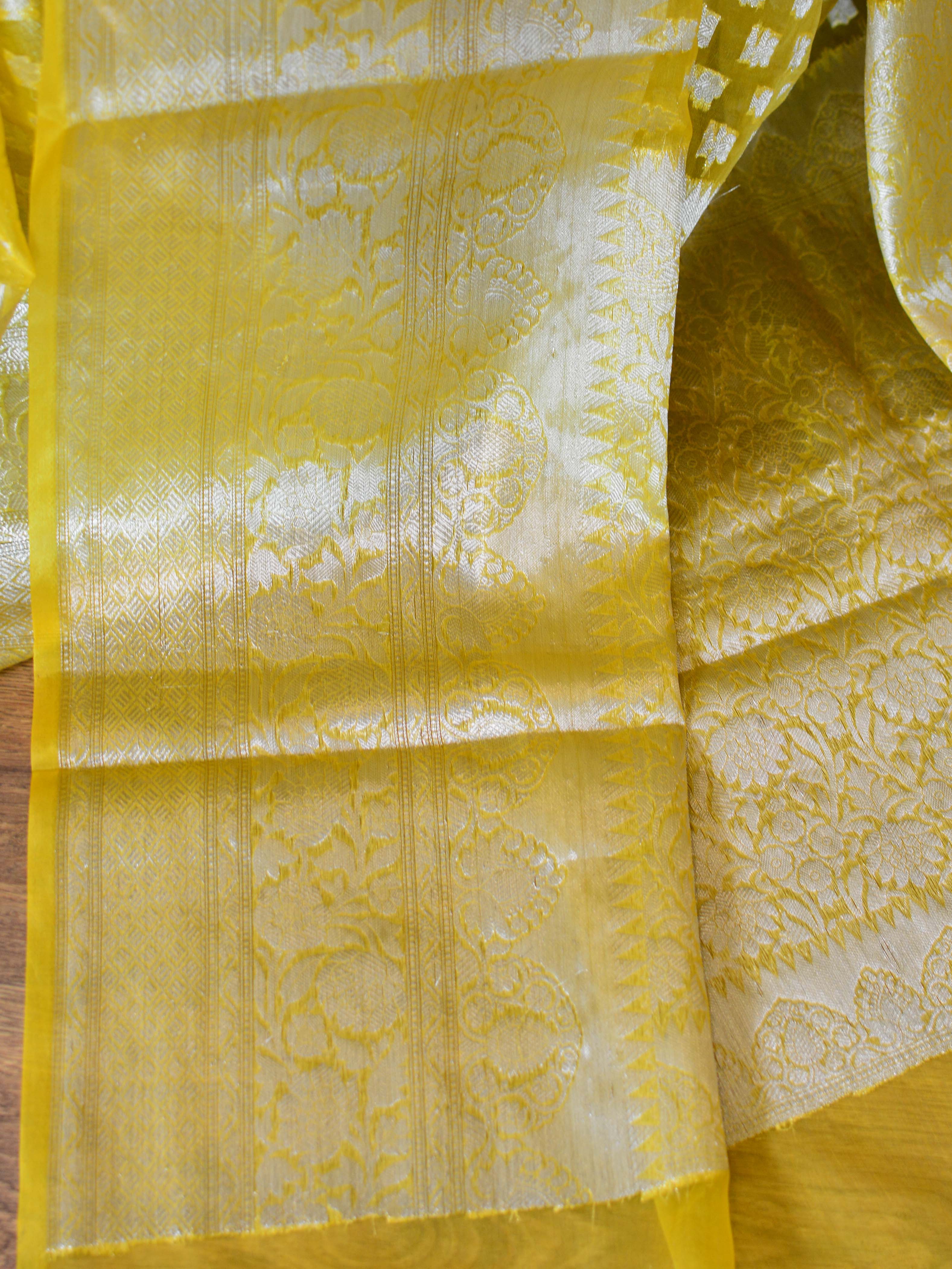 Banarasee Handwoven Semi-Chiffon Saree With Asharfi Buta & Broad Border-Yellow