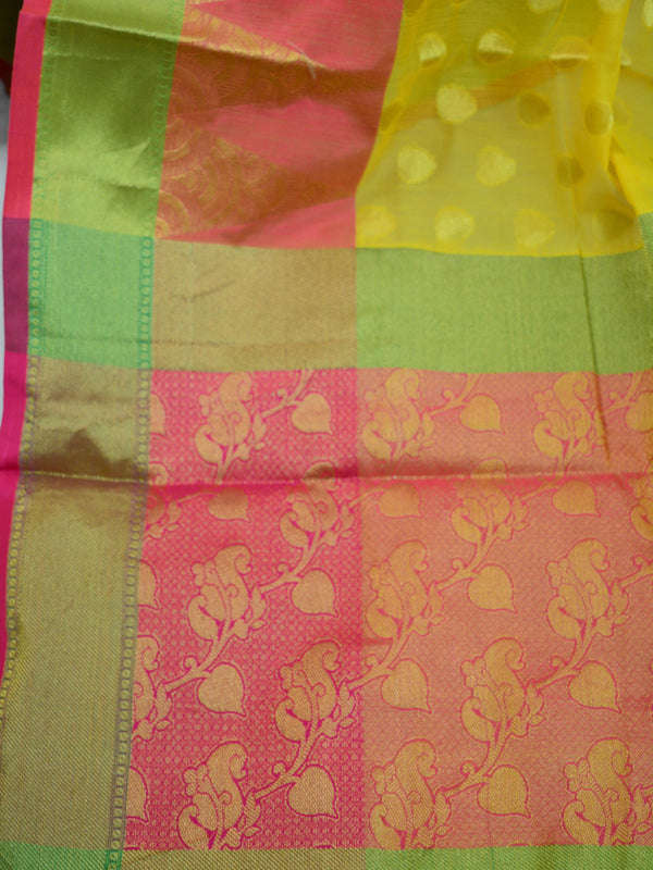 Banarasee Chanderi Cotton Temple Border Saree-Yellow