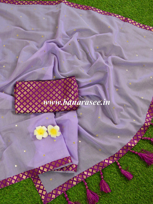 Banarasee Handloom Chanderi Brocade Border Saree With Mirror Work & Brocade Blouse-Purple