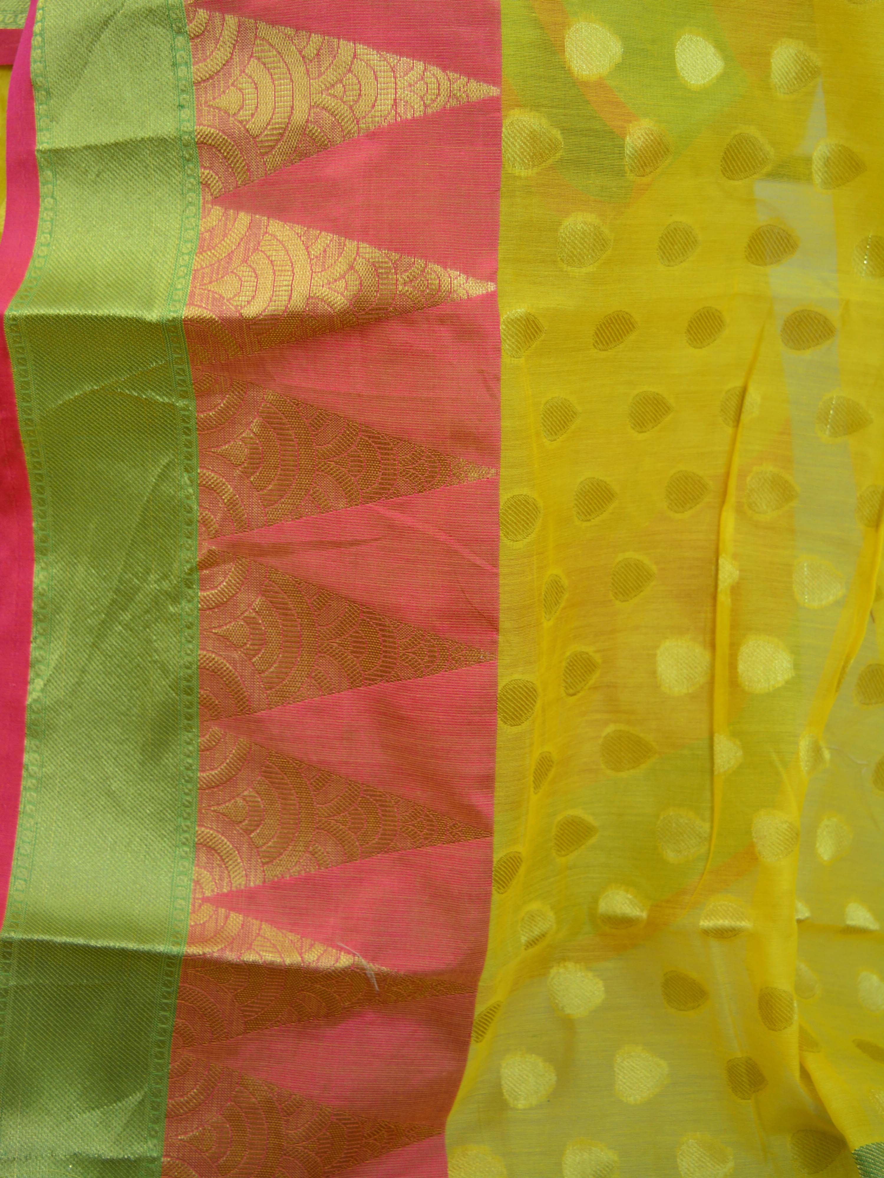 Banarasee Chanderi Cotton Temple Border Saree-Yellow