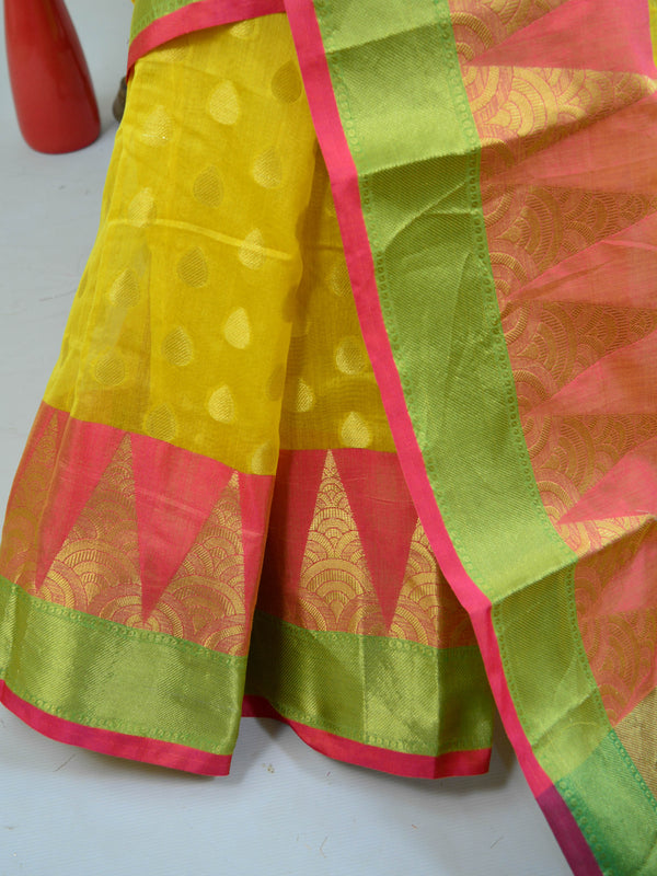 Banarasee Chanderi Cotton Temple Border Saree-Yellow