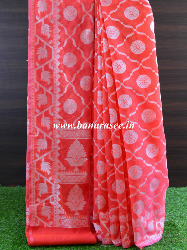 Banarasee Cotton Jamdani Saree With Resham Jaal-Peach