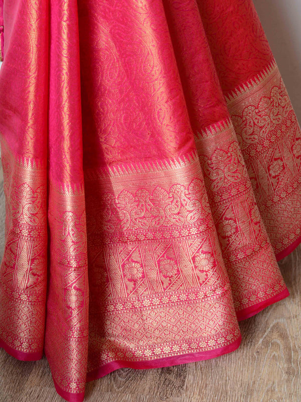 Banarasee Art Silk Saree With Zari Floral Border & Self Weaving Work-Pink