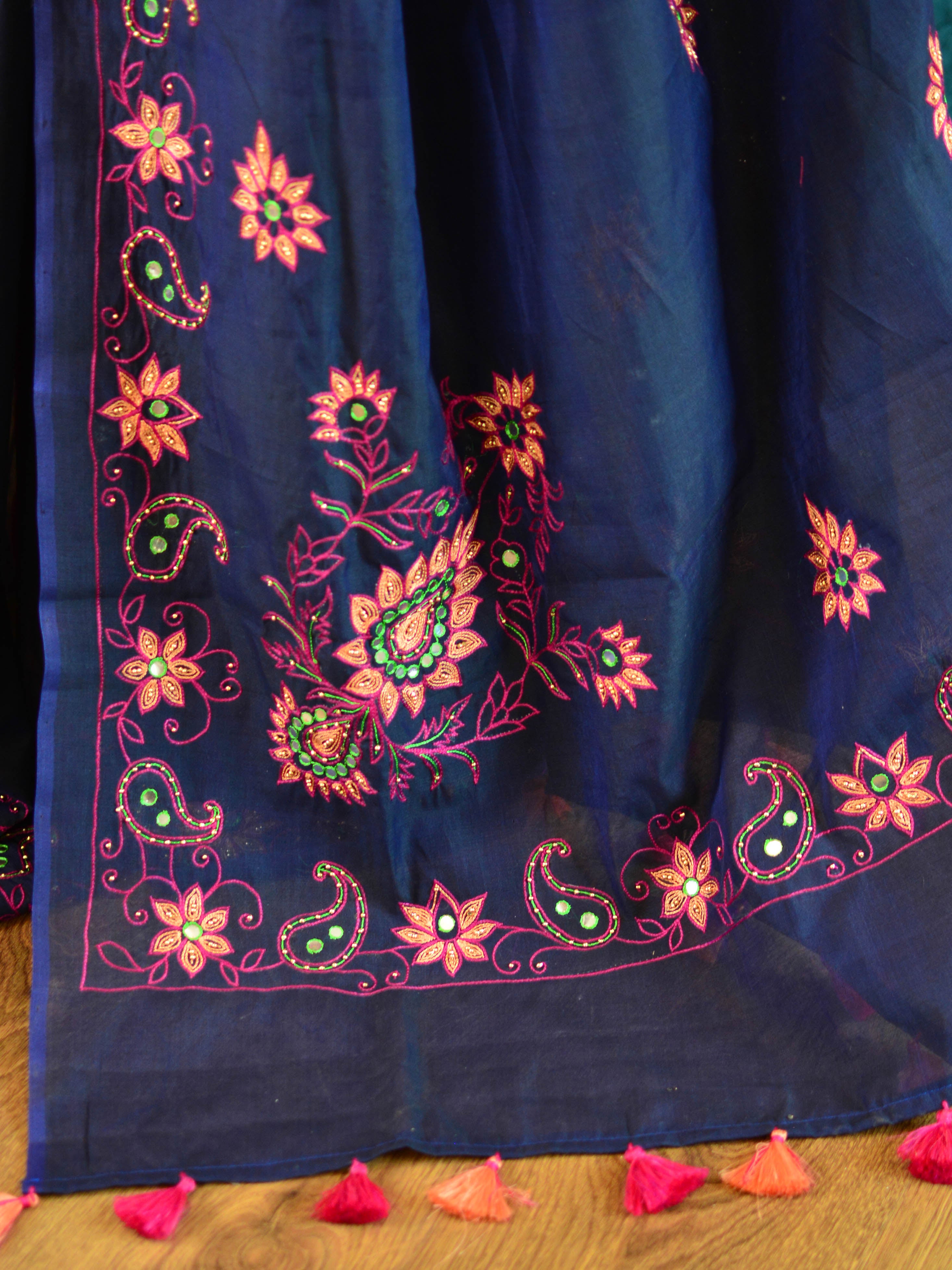 Banarasee Chanderi Cotton Hand-Embroidered Saree-Deep Blue