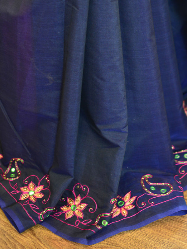Banarasee Chanderi Cotton Hand-Embroidered Saree-Deep Blue