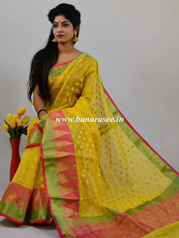 Banarasee Chanderi Cotton Temple Border Saree-Yellow