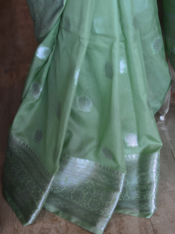 Banarasee Handwoven Semi-Chiffon Saree With Silver Zari & Dual Color-Light Green & White