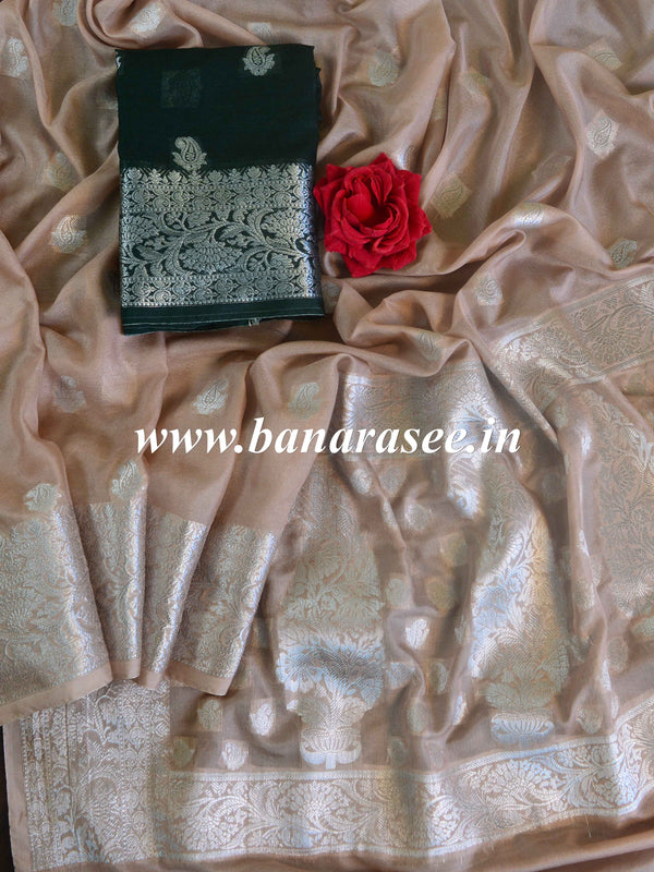 Banarasee Handwoven Semi-Chiffon Saree With Silver Zari & Contrast Blouse-Fawn