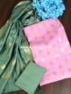 Banarasee Handloom Pure Silk Zari Buti Salwar Kameez Fabric With Dupatta-Green & Pink