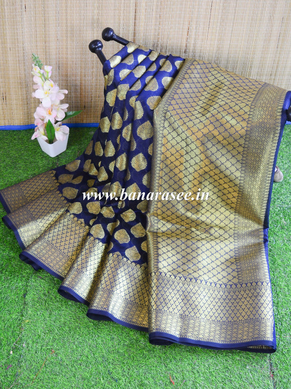 Banarasee Cotton Silk Saree With Zari Buti & Border-Deep Blue