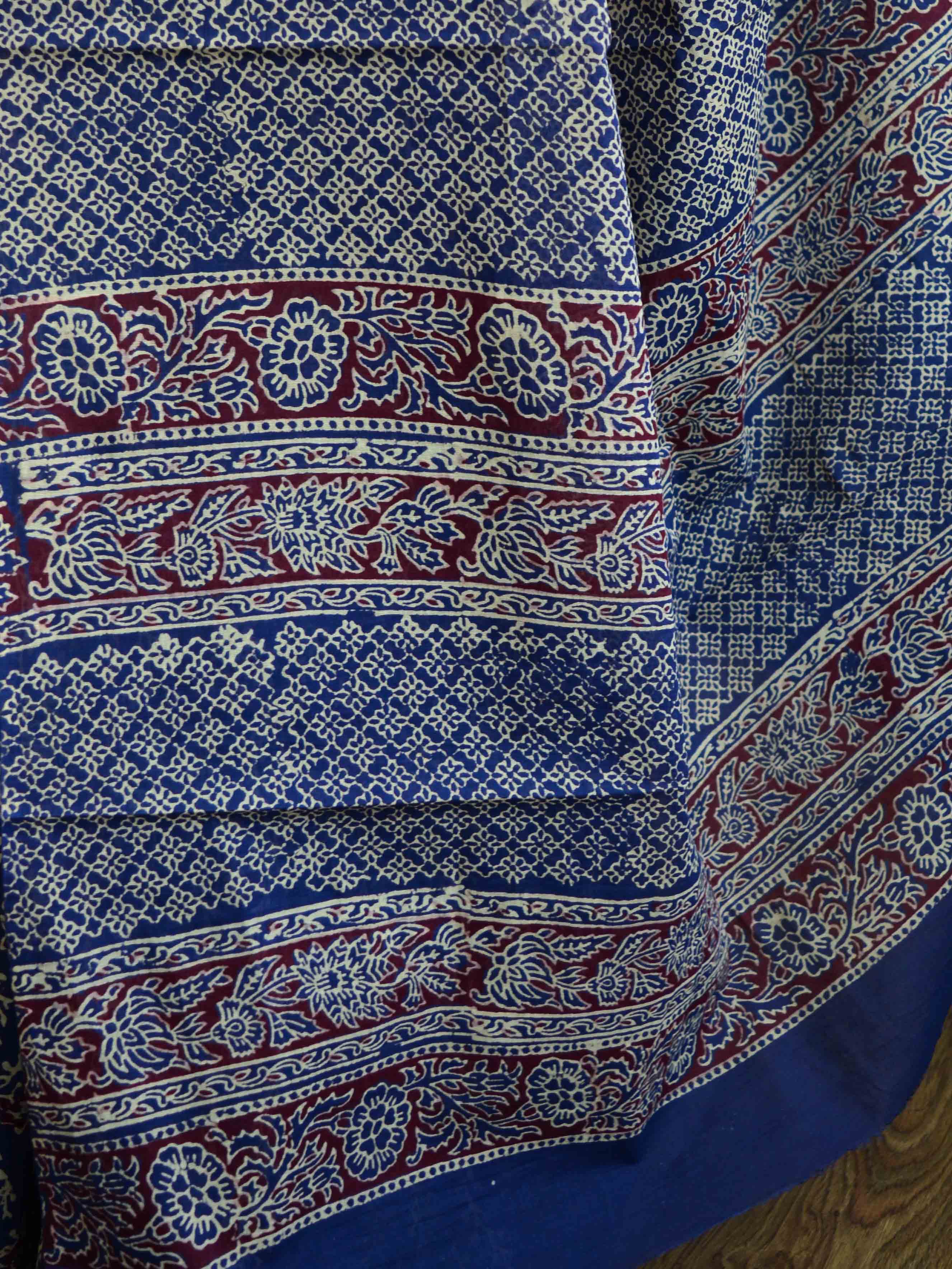 Handloom Mul Cotton Ajrakh Print Saree-Indigo