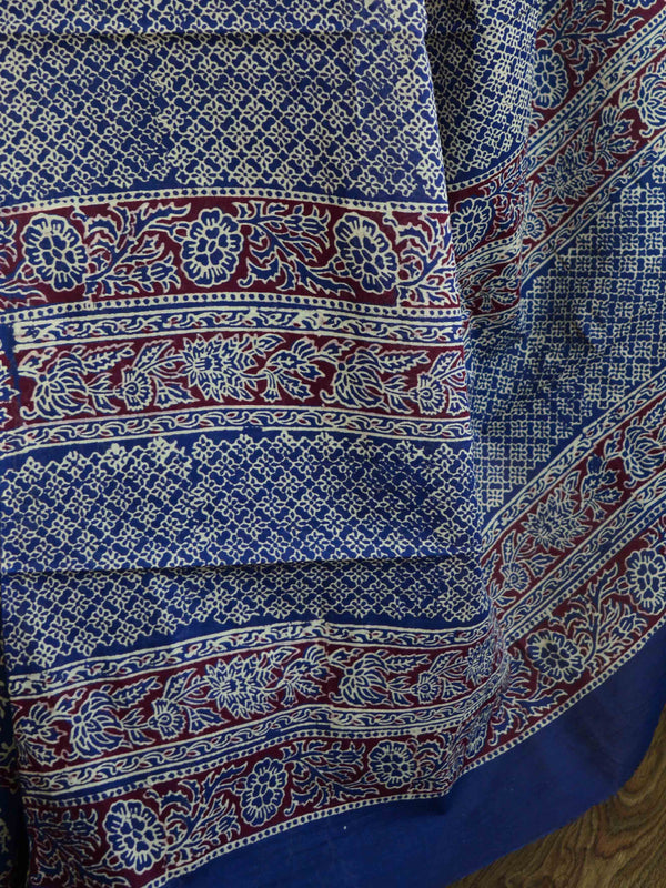 Handloom Mul Cotton Ajrakh Print Saree-Indigo