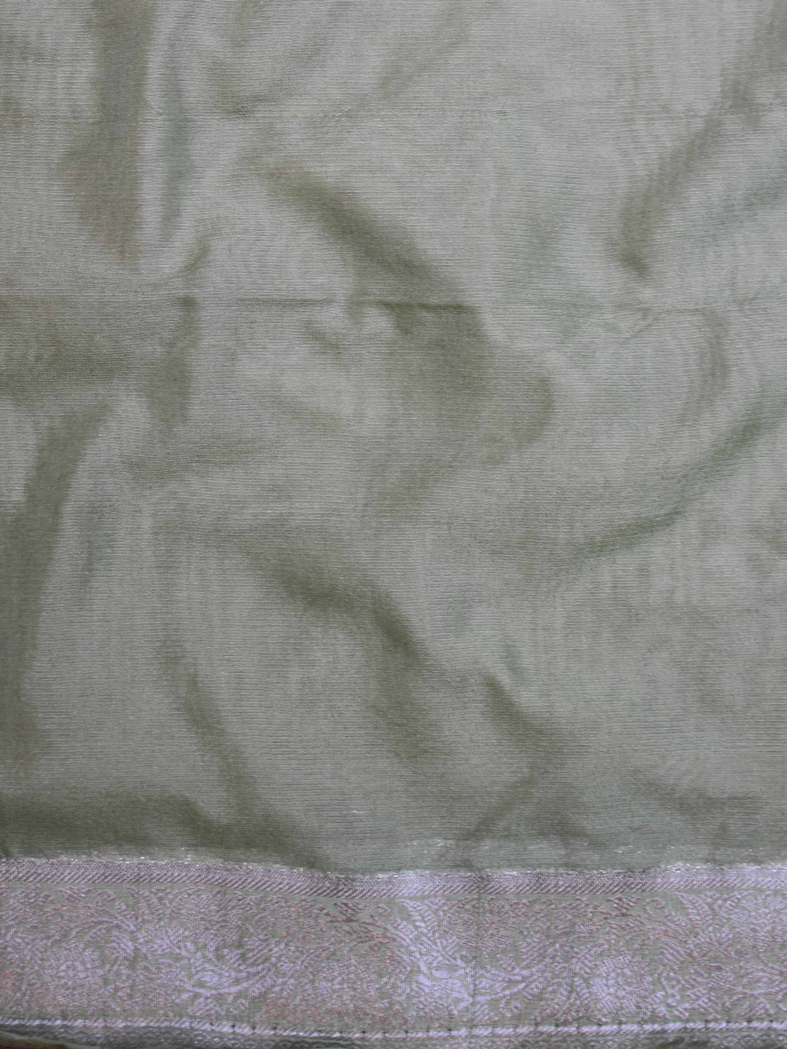 Banarasee Handwoven Semi-Chiffon Saree With Silver Zari & Dual Color-Light Green & White