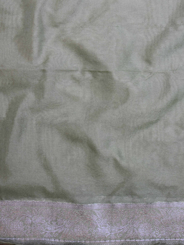 Banarasee Handwoven Semi-Chiffon Saree With Silver Zari & Dual Color-Light Green & White