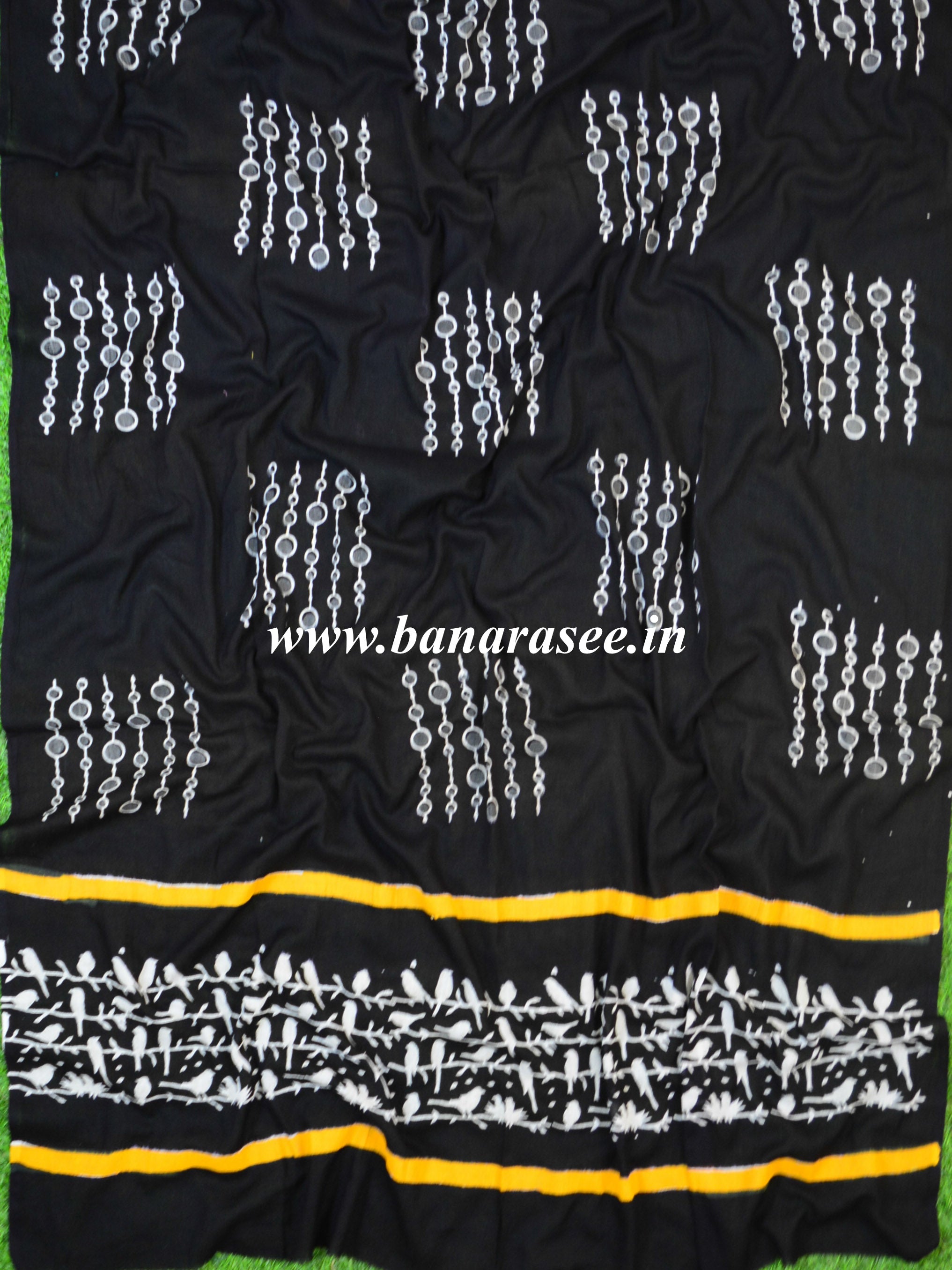 Pure Handloom Mul Cotton Bird Motif Block Printed Suit Set-Black & Yellow